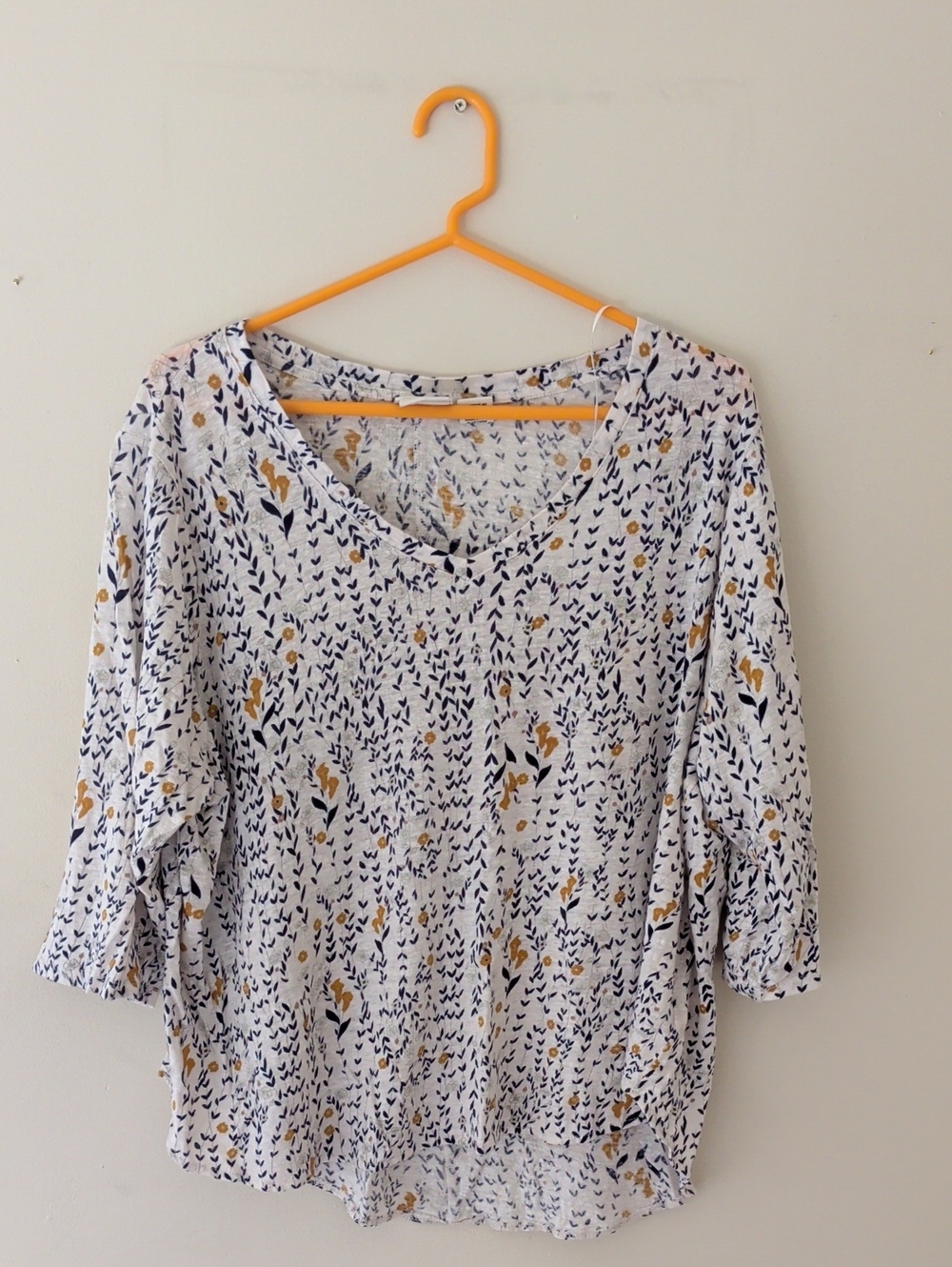 Rachel Zoe White V-Neck Blouse with Navy and Mustard Floral Print